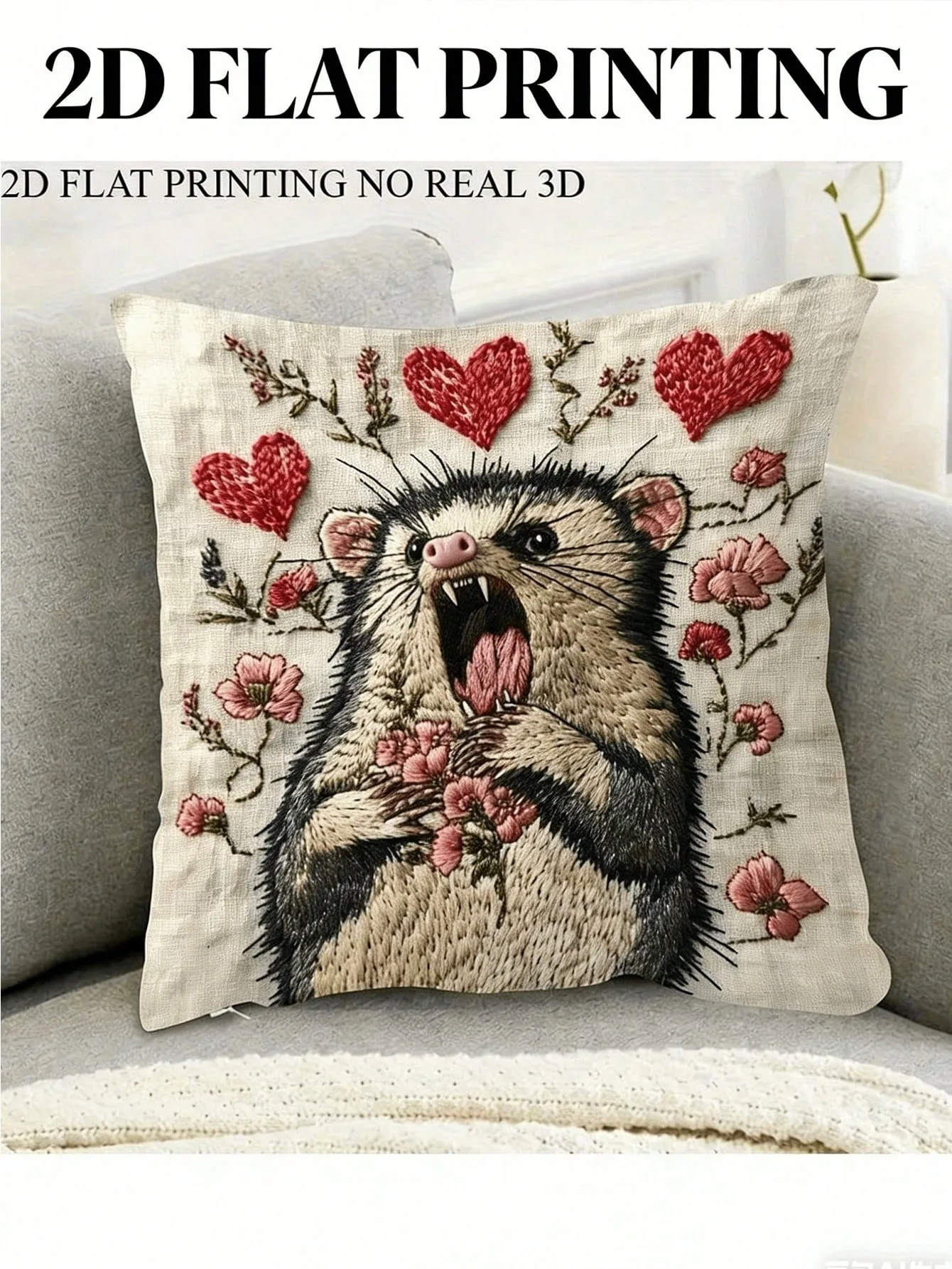 Possum Heart Embroidery Pillow Cover Double Sided 2DPrint Bold Stylish Pillow Cover Bedroom Living Room Sofa Whimsical Vibe Gift