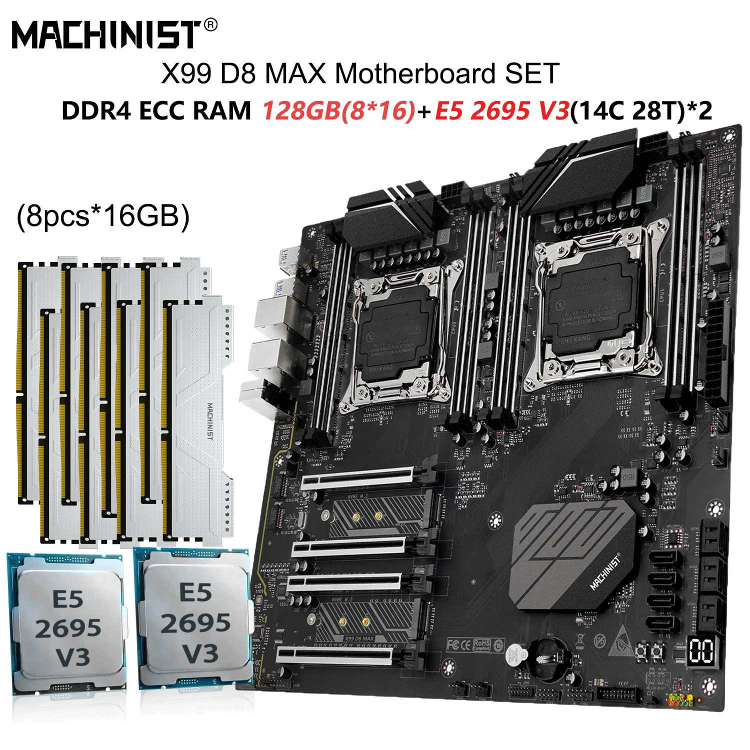 MACHINIST X99 Motherboard Set Intel LGA 2011-3 Xeon E5 2695 v3 Dual CPU Processor With 8pcs*16GB DDR4 ECC RAM NVME M.2 D8 MAX