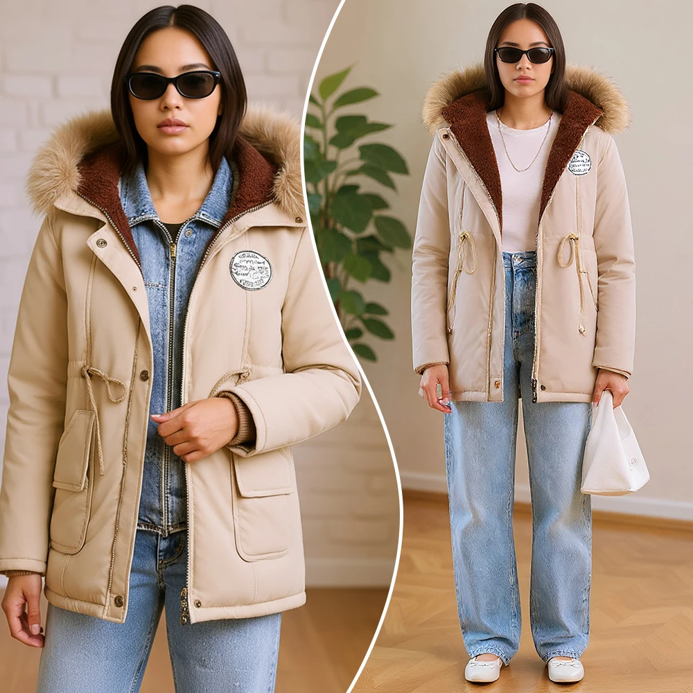 

Mia Muse 2025 Women's Long Hooded Coat Streetwear Fixed Hood Plush Collar Fleece Lined Warm Parka With Waist Cord - Black/Khaki