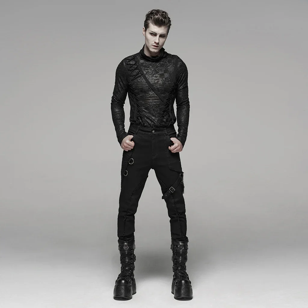 PUNK RAVE Men's Punk Black Elastic Wash Long Pants Gothic Fashion Casual Motocycle Party Club Trousers Men Streetwear