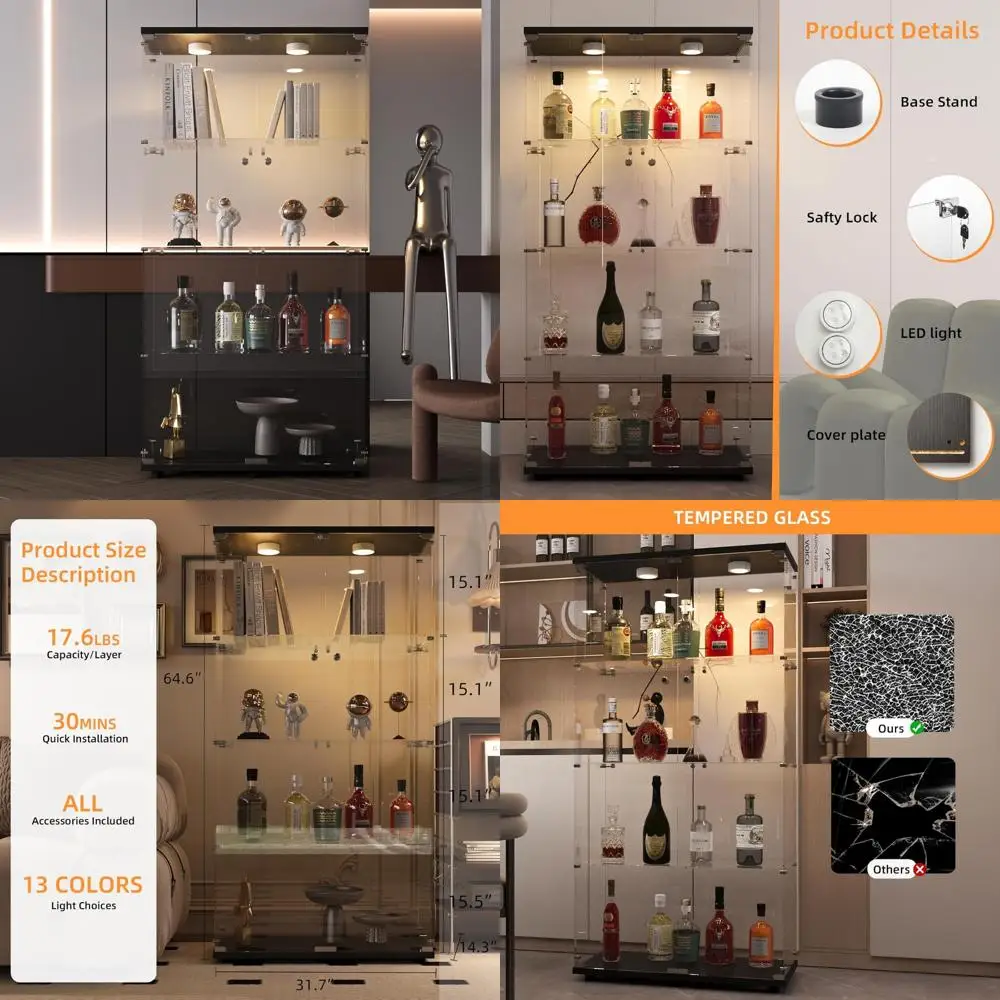 

FANYUSHOW Glass Display Cabinet with LED Lighting, Dual Doors and Lock, Easy Assembly 4-Tier Curio Cabinet with 5mm Thick Temper