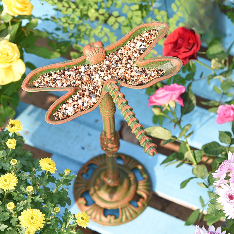 Colored Dragonfly Bird Feeder Metal High Rod Feeding Bowl Reinforced Base Courtyard Decoration Garden Grocery Standing Ornaments