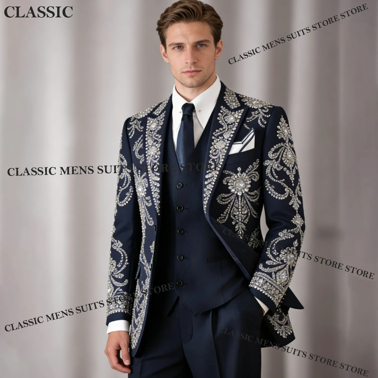 

Formal Rhinestone Men Suits 3 Pieces Sets Male Party Blazer Sparkly Groom Wedding Tuxedos Slim Diamond Costume Hod Costume Homme