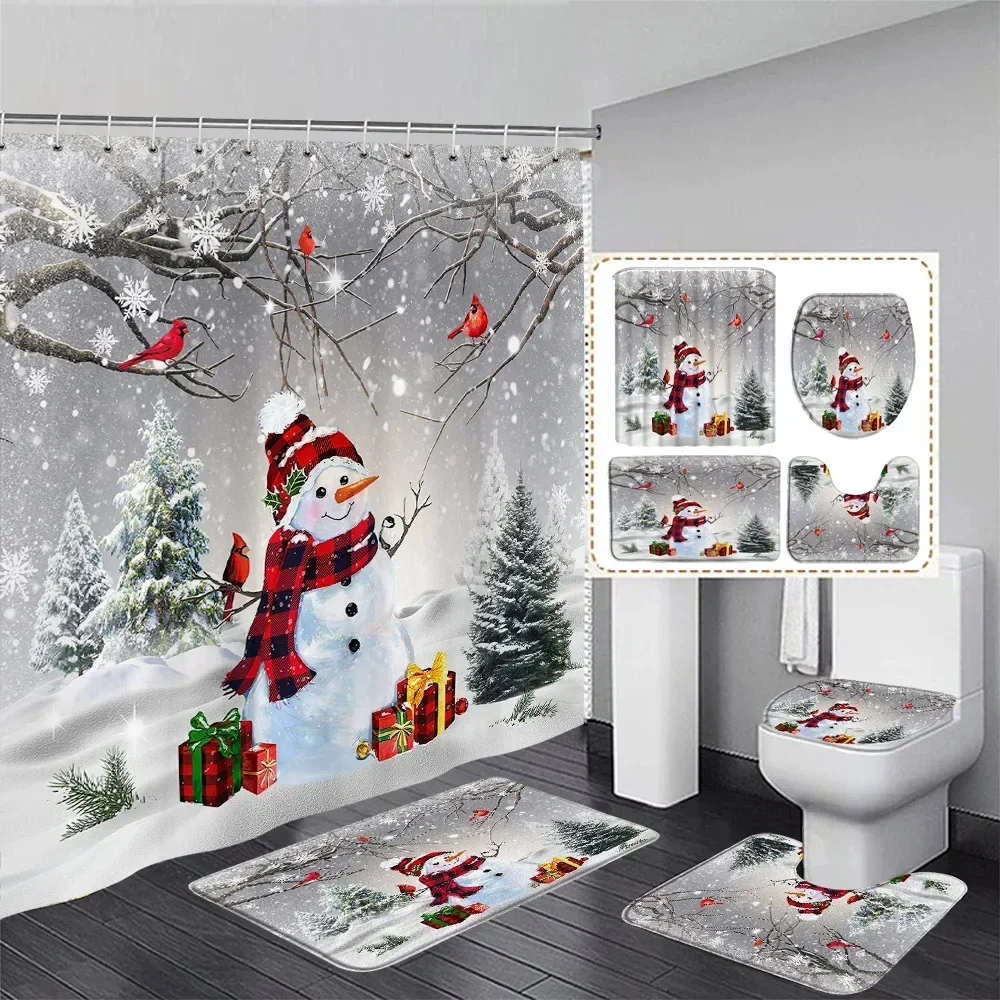 Winter Christmas Shower Curtain Set Cute Snowman Red Birds Gifts Forest Cedar New Year Xmas Bathroom Decor Bath Mat Toilet Cover