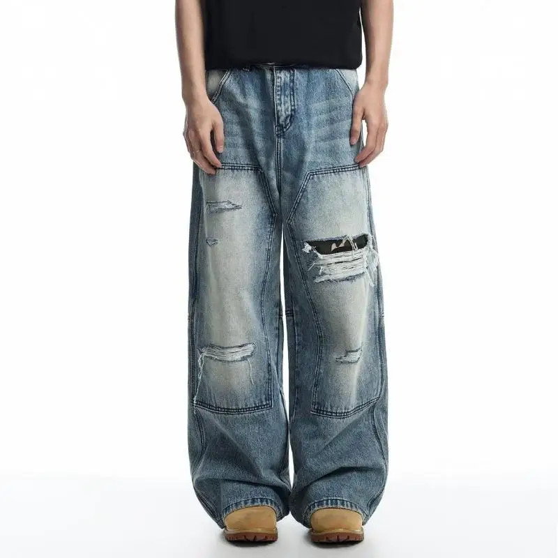 Men's Ripped Patch Blue Jeans Casual Pants Summer Street Sweatpants Young Boy Bottom Male High Waist Y2k Cool Trousers