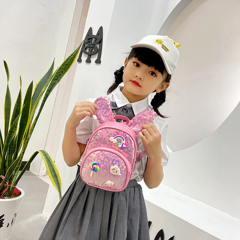 Cute Waterproof Student Kids Girls Kindergarten Schoolbags Fashion Sequins Rabbit Ears Backpack Children's Bling School Bags