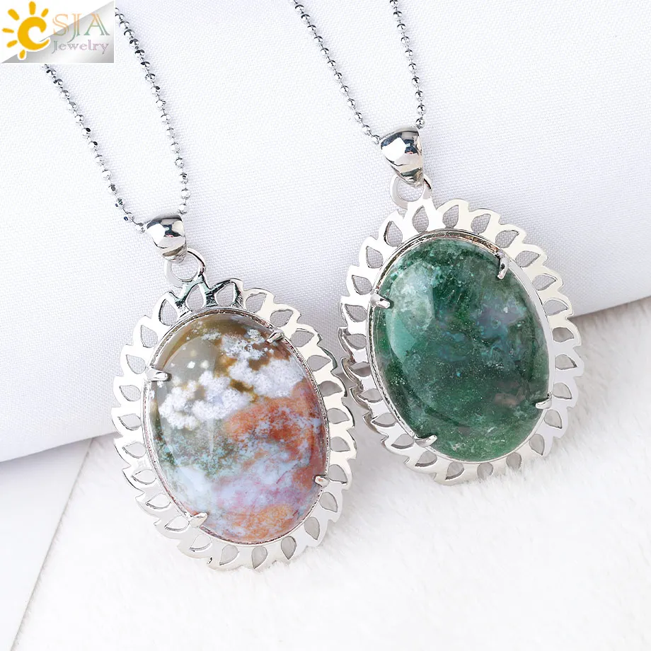 CSJA Indian Onyx Pendant Natural Stone Hollow Necklaces Cabochon Green Agates Zircon Silver Color Men Female Charm Jewelry G268