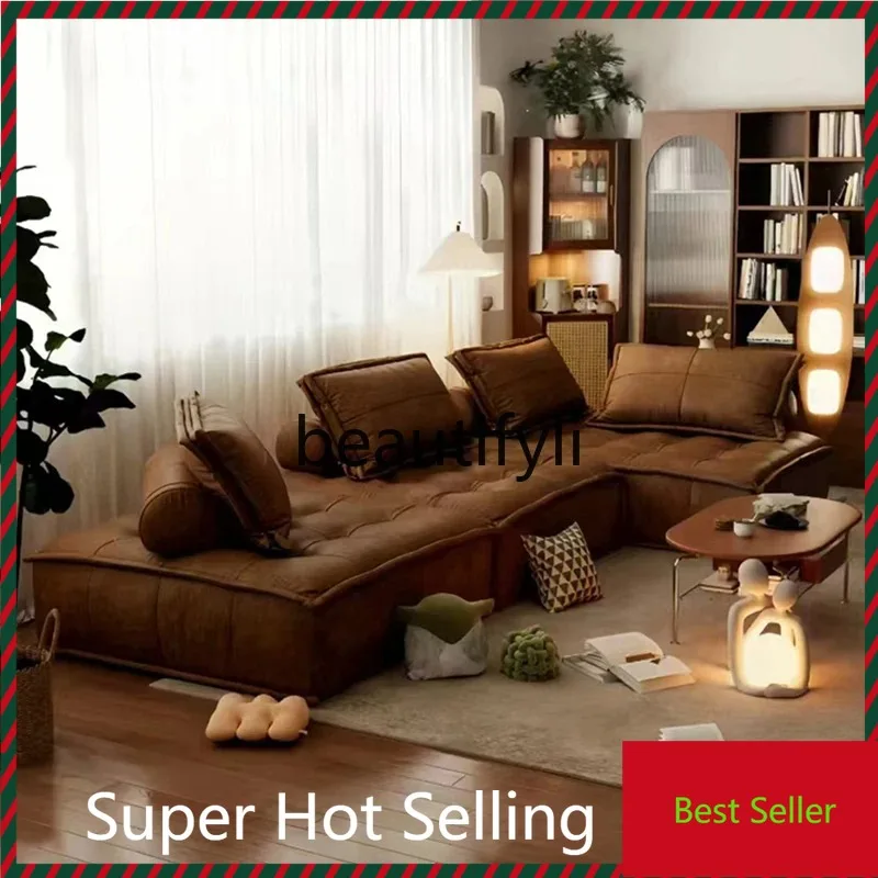 

QQ132 Nordic leather sofa single tofu module personalized design oil wax retro antique sofa