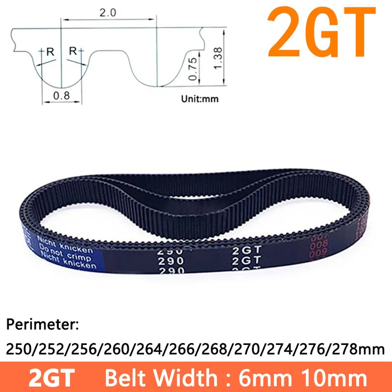 2GT Timing Belt GT2 Rubber Closed Synchronous Belt Perimeter 250/252/256/260/264/266/268/270/274/276/278mm Width 6mm 10mm