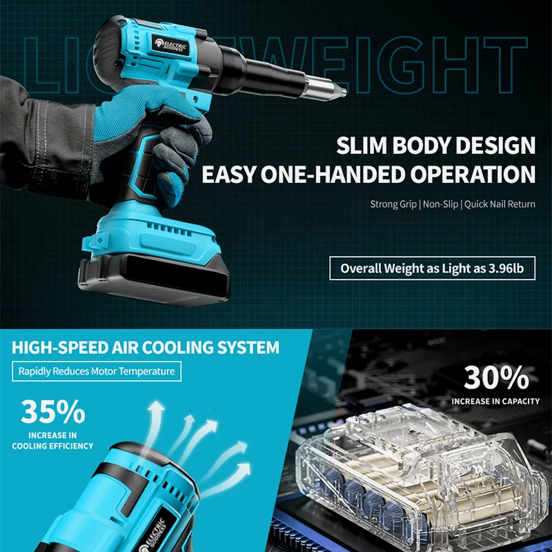 Pistola Rebite Elétrica com Ferramenta de Rebitação Automática Insert, Pistola Rebite Nut Sem Fio, DIY, Goddess, 20000N, 2,4-5,0mm