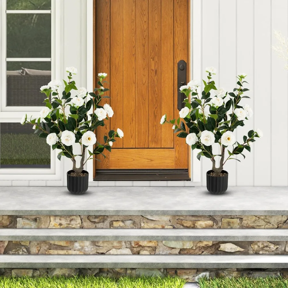 

Artificial Camellia Tree, 2 Pack Flower Plants Artificial Tree, Faux Floral Plant Blooming Tree in Cement Pot