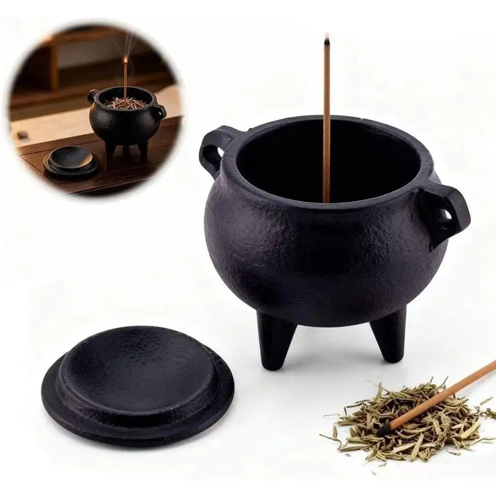 1Pc Cast Iron Cauldron Smudge Pot With Snuff Lid, 3-Legged Sage Palo Santo Incense Burner, Portable Meditation Smudging Bowl For Home Space Cleansing, Vintage Desktop Decor Ritual Ornament For Yoga Spiritual Indoor Use,Halloween Decorations