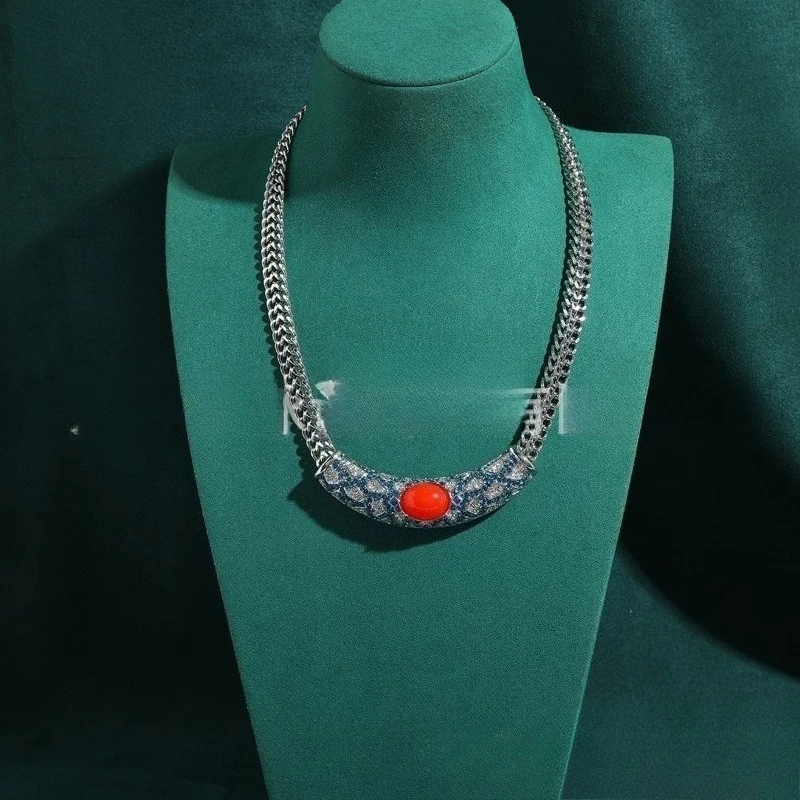New Wave Design Necklace Set, Blue White Crystal & Orange Agate Cabochon Niche Luxury Women Jewelry