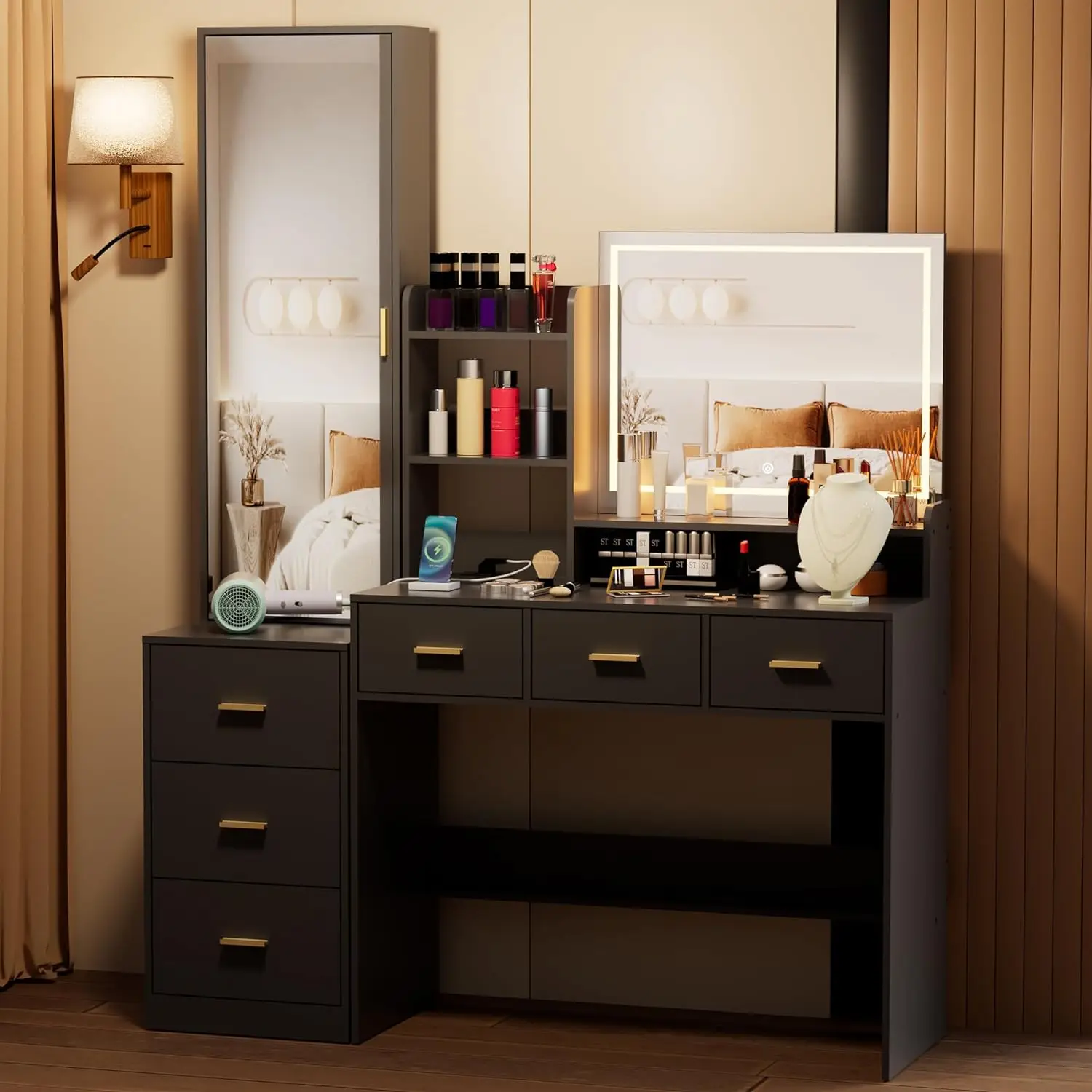 PAKASEPT Vanity Desk with Mirror and Lights, Makeup Vanity with 3 Lighting Colors & Charging Station, Makeup Desk Dressing Table