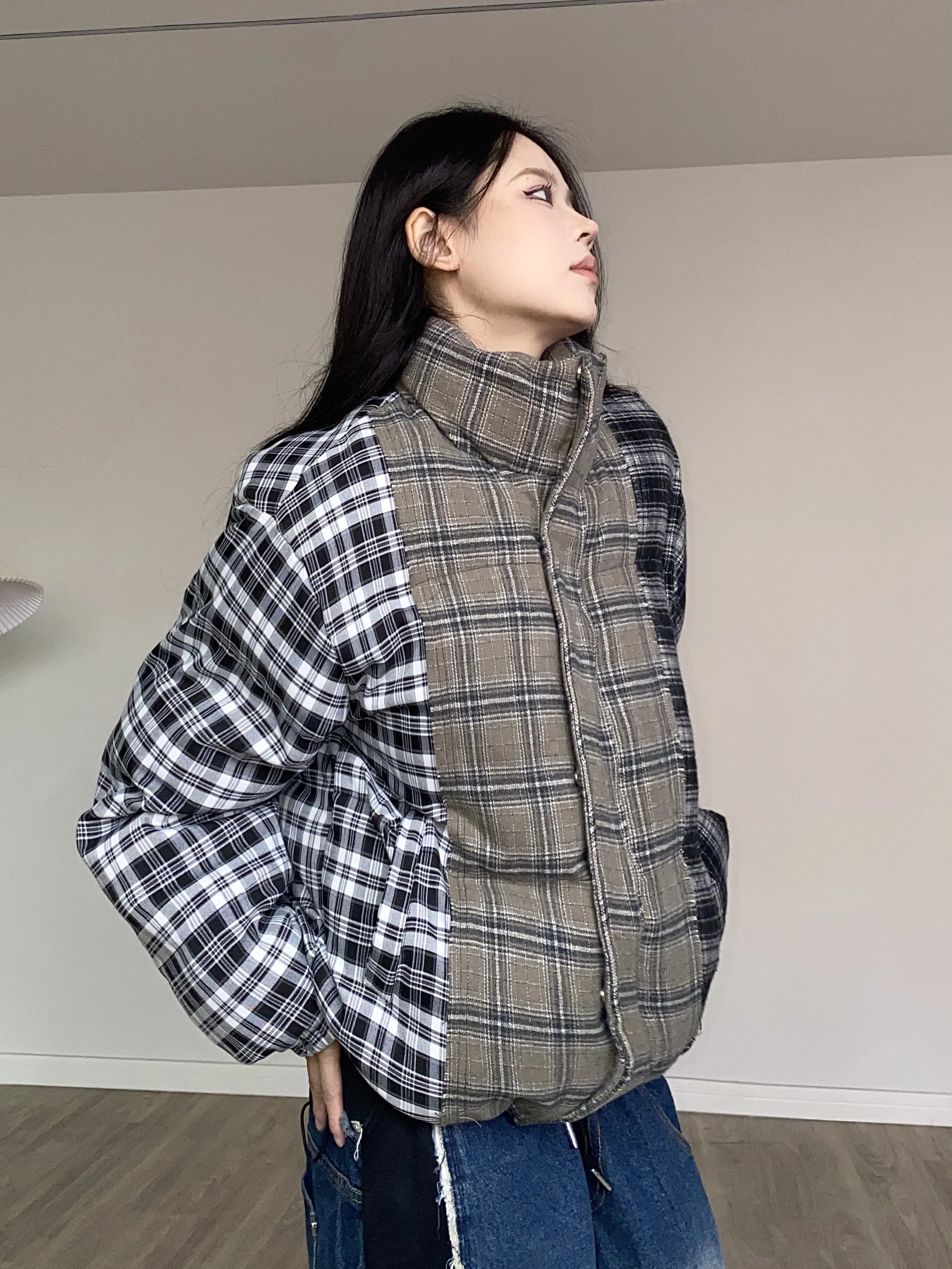 

BabyStudios Thiened Cotton Jaet with Plaid Design Stand Collar Women's Winter Coat Warm Bread Sle Streetwear Long Sve