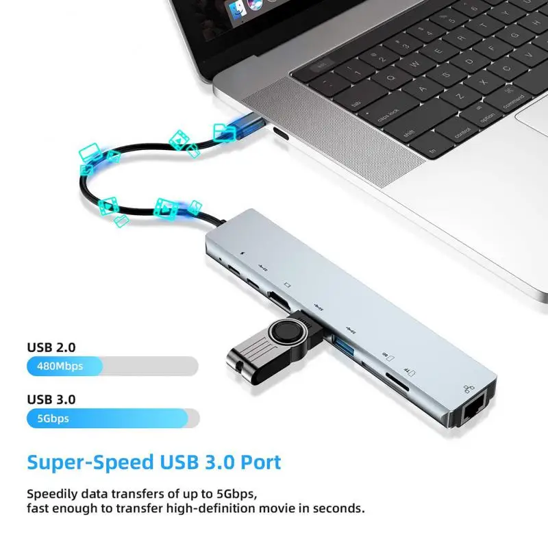 RYRA USB3.0 HUB Type C To 8 Ports USB HUB 4K HDMI RJ45 USB3.0 Adapter For Macbook PC Laptop Accessories USB C HUB Splitter