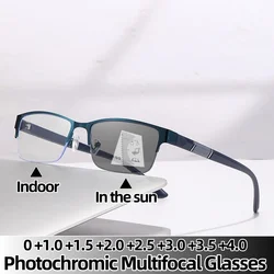 Smart Photochromic Multifocal Reading Glasses Men Business Presbyopia Eyewear Metal Frame Far Sighted Eyeglasses with Sunshades