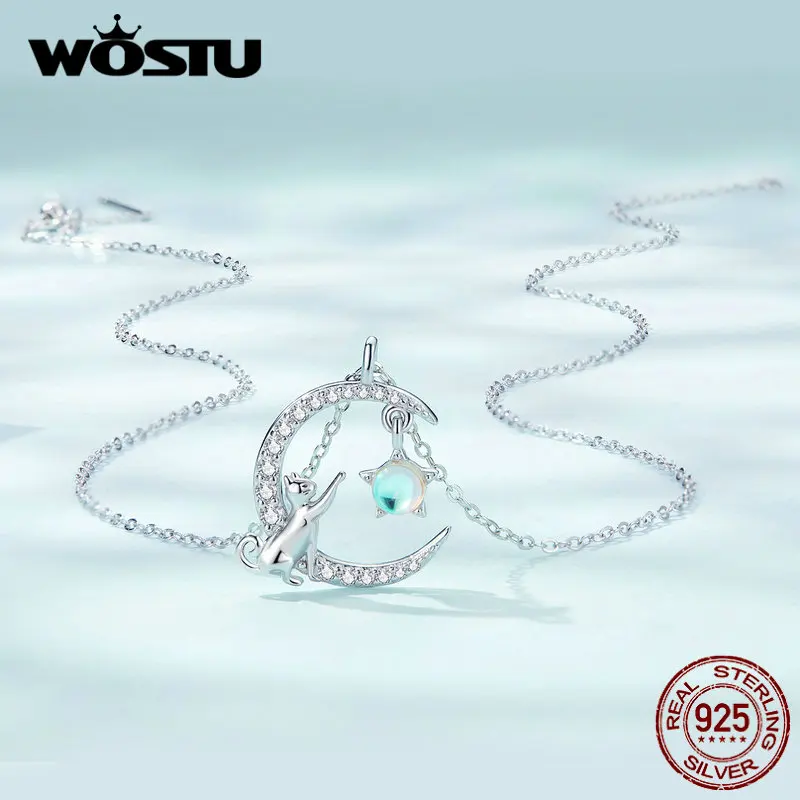 Cute Cat Moon Necklace with Crystal Zircons