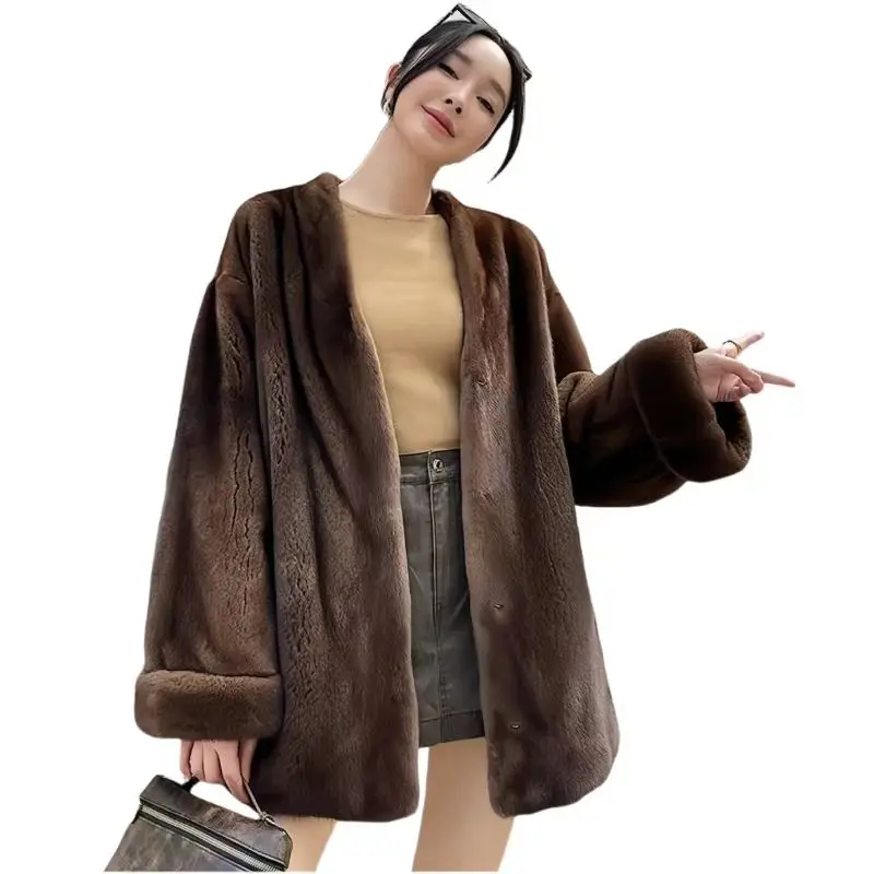 Faux Mink Fur Coat for Women,V-Neck Jacket,Thick Warm Female Clothes, Covered Button, High Quality,Autumn and Winter