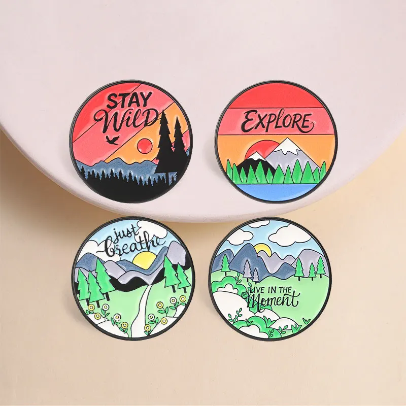 Just Breathe Mountain Sunrise Enamel Pin Outdoor Nature Style Brooch with Forest Path for Hikers Campers Daily Wear Gift