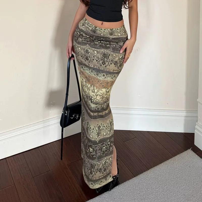 

2026 New Vintage European Style Sexy Slim Bodycon Split Midi Skirt Women High Waist Elegant Party Streetwear Fashion Skirt