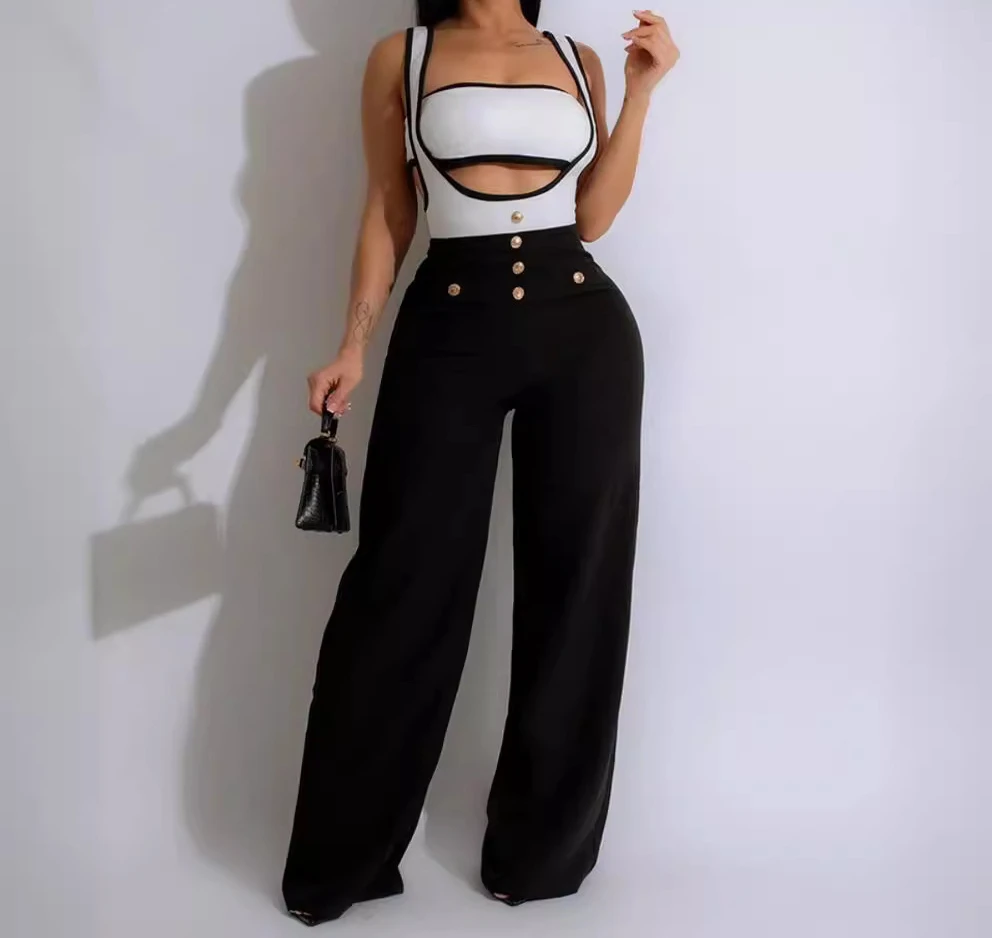 2 Piece Jumpsuit Sets Women Outfit 2024 Summer New Contrasting Color Bra Top Button Design High Waist Overall Jumpsuit Pants Set