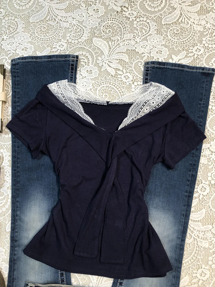 

Синяя кружевная футболка на одно плечо ort Sve, женская летняя повседневная футболка из смеси хлопка Sweet Sle для молодых девушек