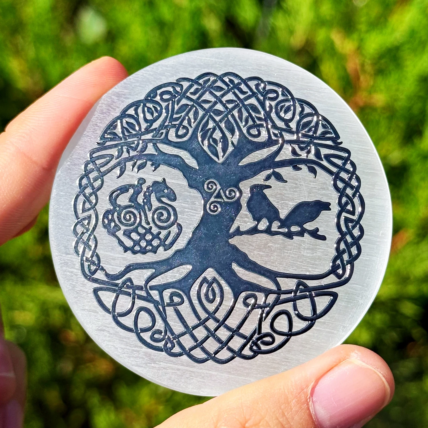 Natural Selenite Round Charging Plate Engraved Yggdrasil Tree of Life Raven Celtic Knot Symbol Satin Spar Crystal Disc Gift