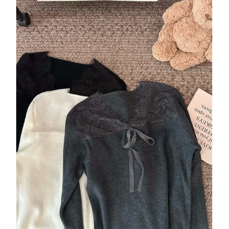 

Women's Lace Splice V-ne Knitted Sweater Chic Autumn Winter New Sle Versatile Design Slimming Base Layer Long Sve Top