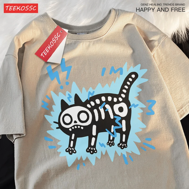 เสื้อยืดคู่รักลายแมวช็อตไฟฟ้า แบรนด์เทรนดี้ ผ้าฝ้ายแท้ ทรงหลวม แขนสั้น สำหรับผู้ชายและผู้หญิง ลายหัวกะโหลกแมว สไตล์ดั้งเดิม สนุกสนาน เหมาะสำหรับฤดูร้อน