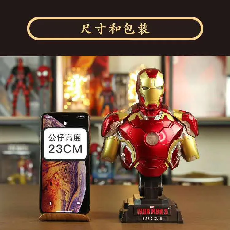 Iron Man Figure Bust MK43 MK42 MK7 Illuminated 1/4 Statue Desktop Decoration Model Ornament Hand Figure Model Doll Toy Boy Gift