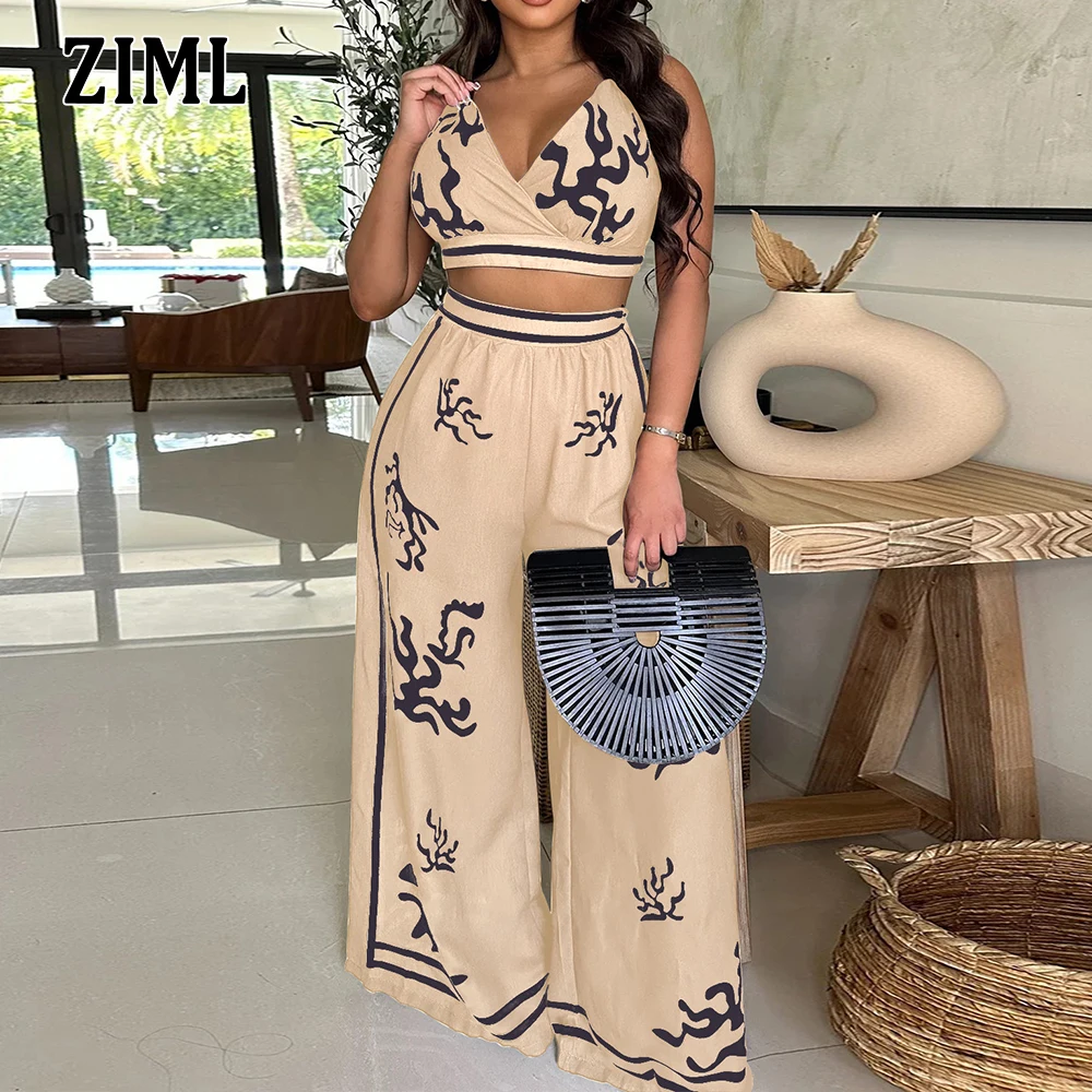 

ZIML Hit Color Printing Комплекты из двух предметов для женщин Короткие топы без рукавов с v-образным вырезом и высокой талией Свободные длинные брюки Шикарный комплект женский Новый