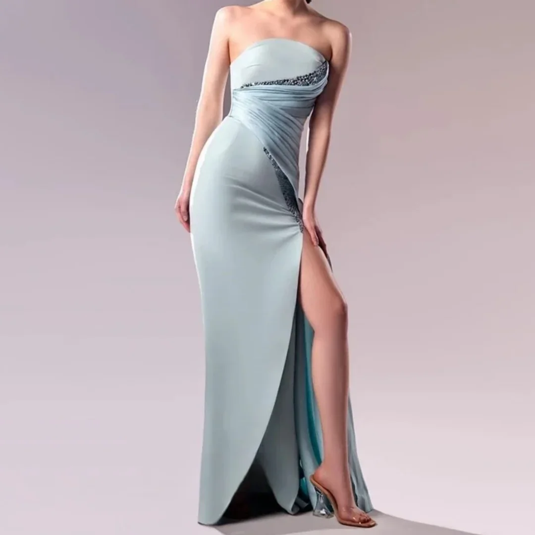 Gaun Berpayet Manik-manik Berlipat Ruched Seksi nan Elegan nan Indah Model A-line Tanpa Tali Panjang untuk Acara Khusus yang Dapat Disesuaikan