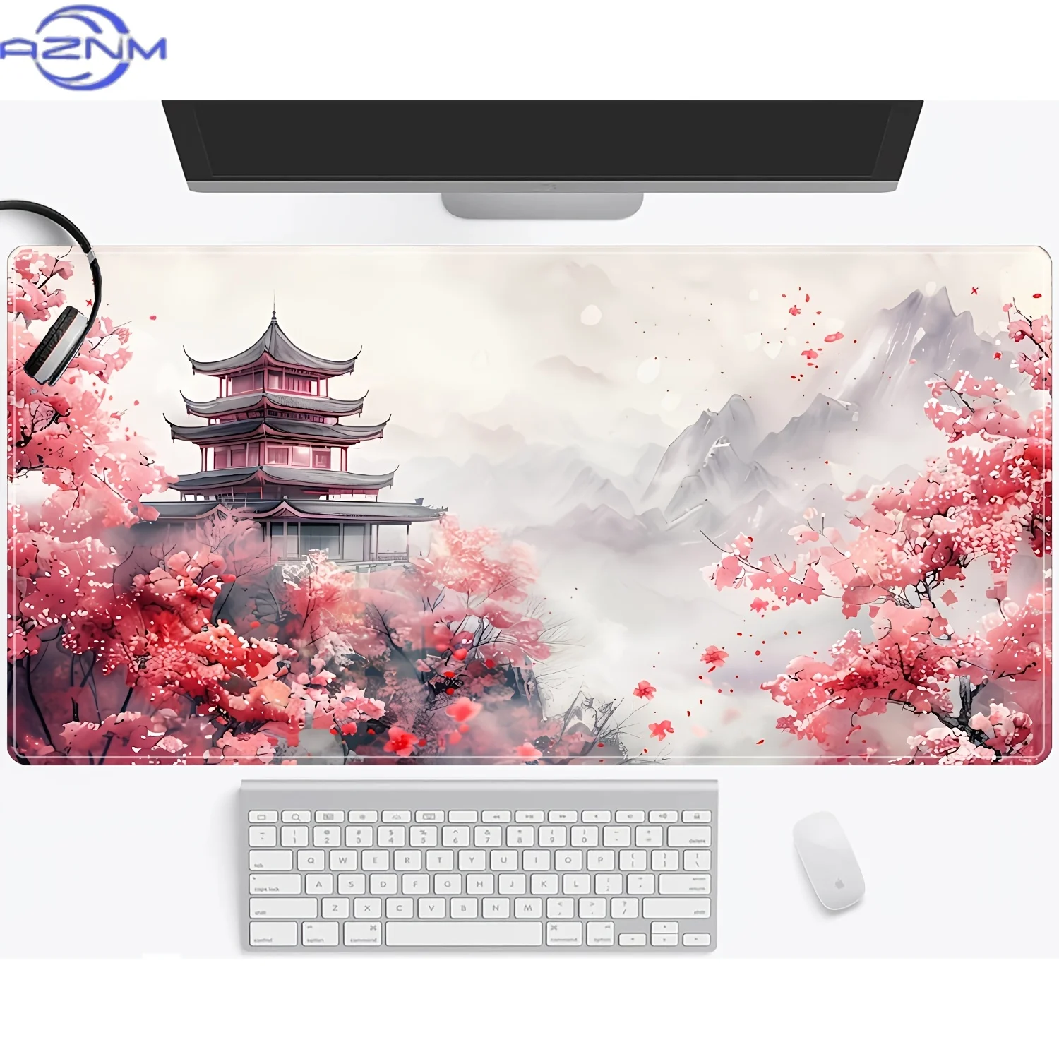 Romantic Cherry Blossoms and Pagoda Design Large Mouse Pad Desk Mat Stitched Edge Non-Slip Durable Gaming Pad Tapis De Souris