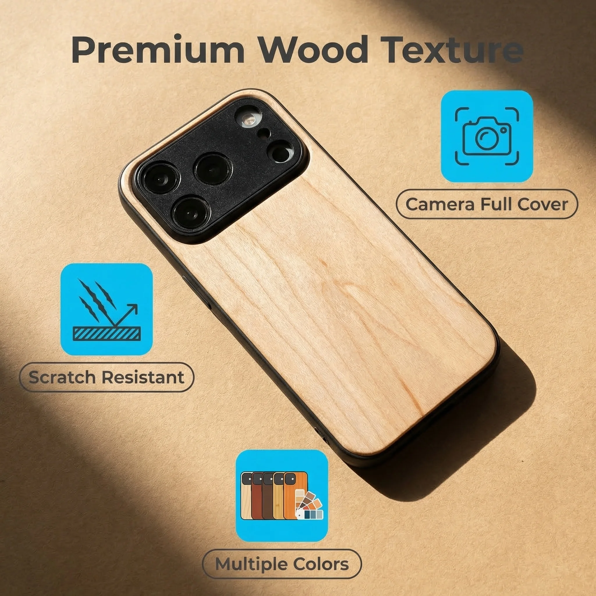 Drewniane etui na iPhone 17 Pro Max 17 Pro 17e Air Case, 100% drewno, bambus, orzech, odporne na wstrząsy, miękka obudowa z bumperem, pełna ochrona aparatu. — zdjęcie produktu 4