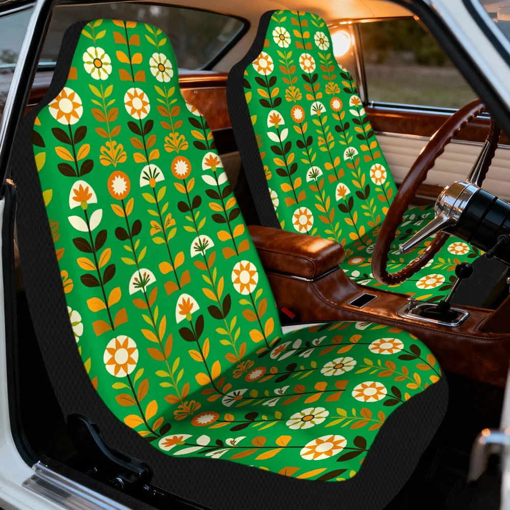 Set Of Two Geometric Floral Front Seat Covers Inspired By Mid-Century Modern Design, Made From Lightweight And Washable Material