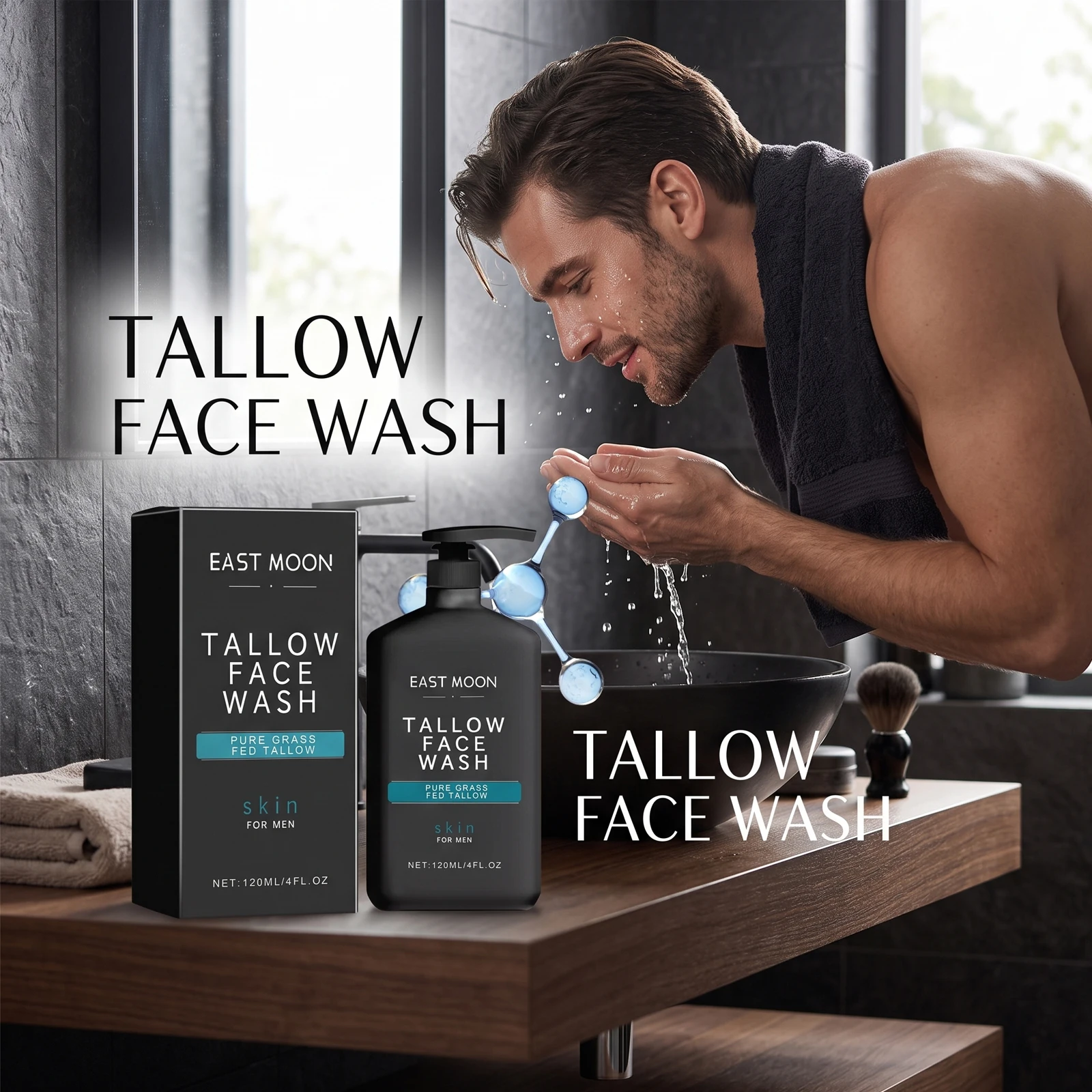 Grass Fed Tallow Face Wash for Men Oil Control Deep Cleansing Facial Cleanser for Oily Rough Male Skin Reduce Acne Male Skincare