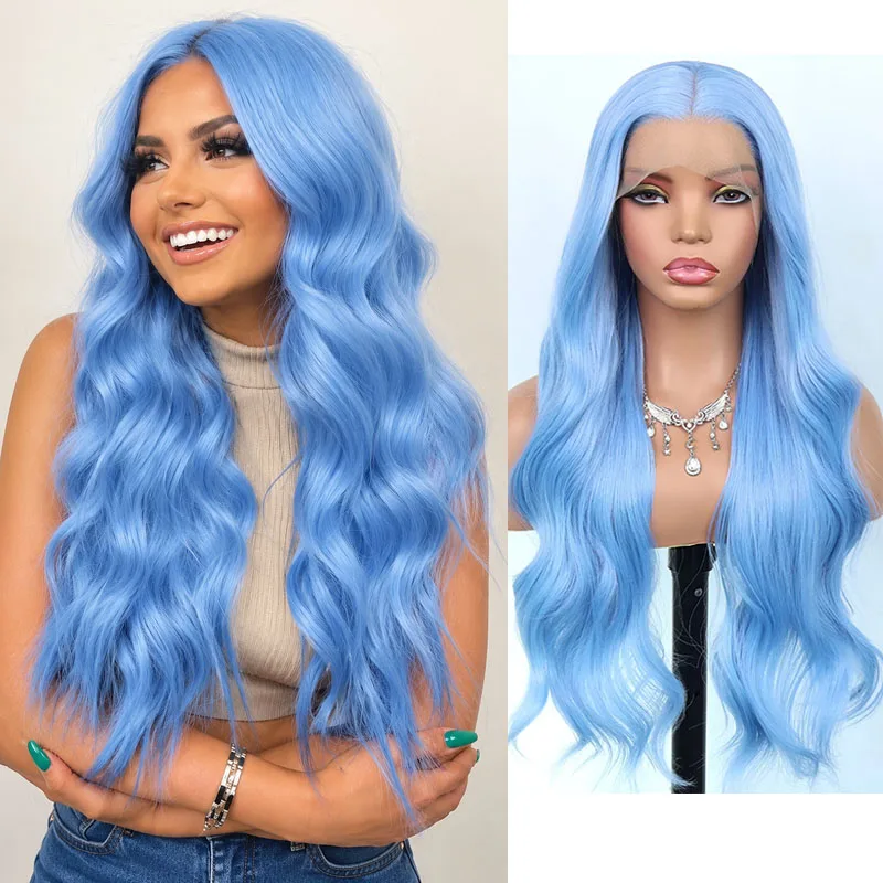 Blue 13x4 HD Lace Front Wavy Synthetic Wig, 180% Density, Long Body Wave Heat-Resistant Glueless Wig for Women