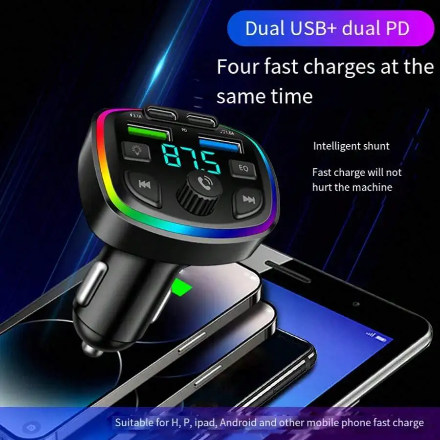 

Wireless Car FM Transmitter Bluetooth 5.0 Dual USB PD Fast Charger Hands-Free Call MP3 Player