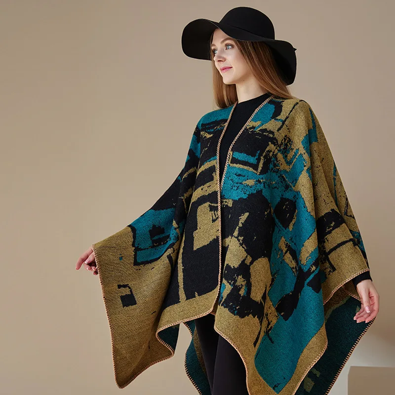Fashionable Travel Warm Wrap Oversized Decorative Split Cape Two-in-One Prairie Ethnic Scarf for Women