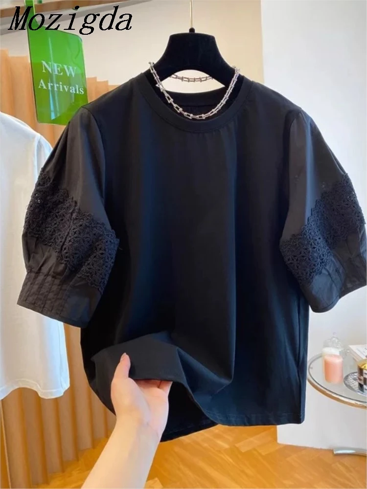 

Summer Women Elegant Lace Patchwork Blouses Shirt Casual Short Sleeve Work OL Tuinc Tops O Neck Blusas Loose Chemise