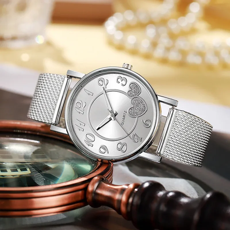 Vintage Watch Women Silver Gold Mesh Love Heart Wristwatches Fashion Casual Women's Quartz Watches Relogio Feminino Часы Женские