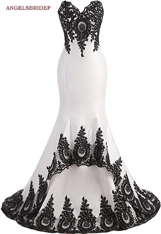 ANGELSBRIDEP abiti da sposa a sirena con scollo a v Robe De Mariee White Satin Black Appliques Court Train corsetto lunghezza del pavimento Plus Size