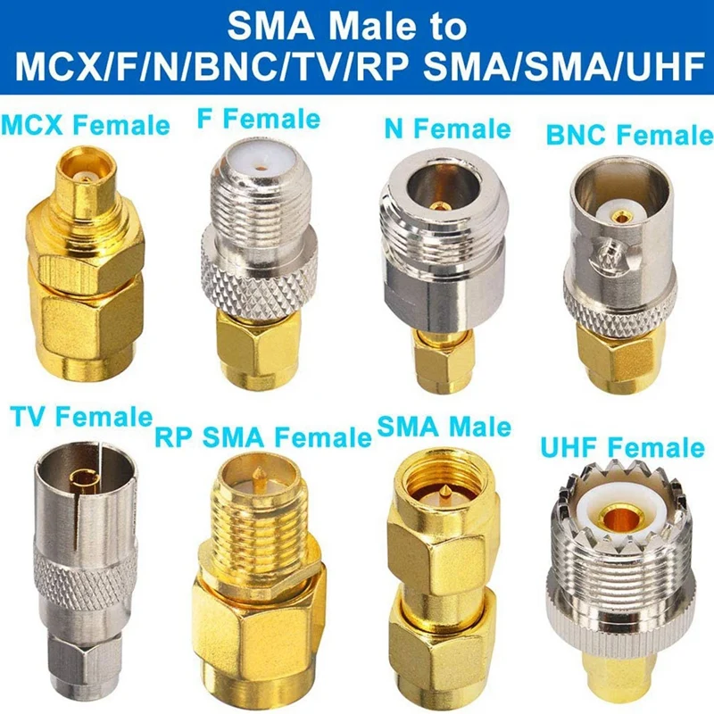 16 Type SMA Connectors SMA Adapter Kits SMA To MCX/TV/F/N/BNC/UHF/RP-SMA Straight Type Nickel Gold Plated Test Connector