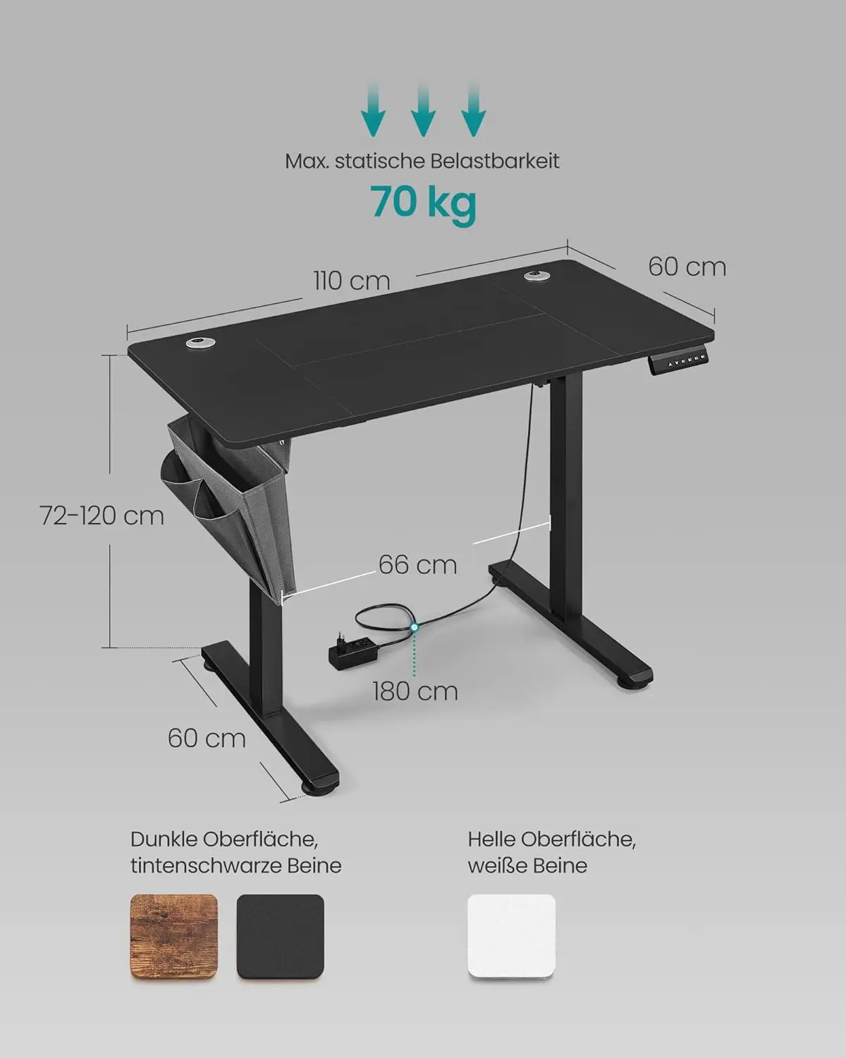 LSD131B01 Höhenverstellbarer elektrischer Schreibtisch, 60 x 110 x 72–120 cm, Speicherfunktion mit 4