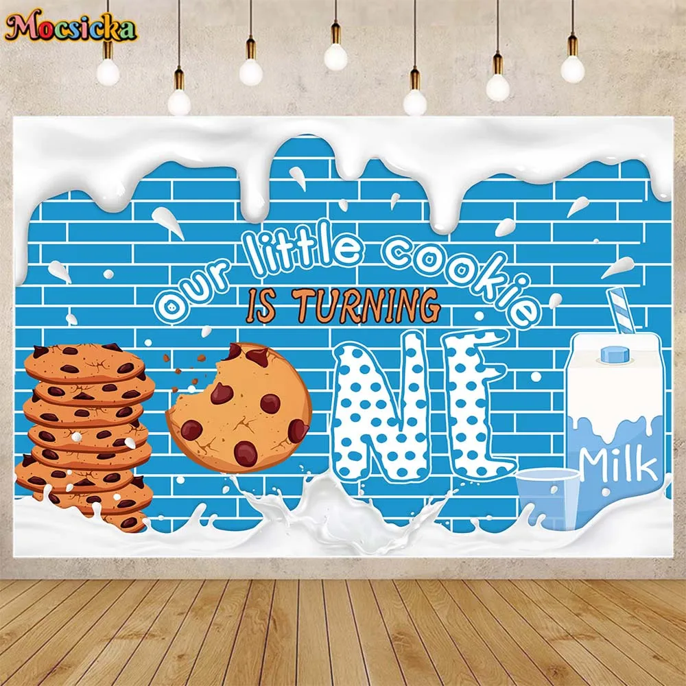 

Mocsicka Baby 1st Birthday Backdrop Our Little Cookie Is Turning One Boys Birthday Party Decor Photo Backgrounds Blue Brick Wall