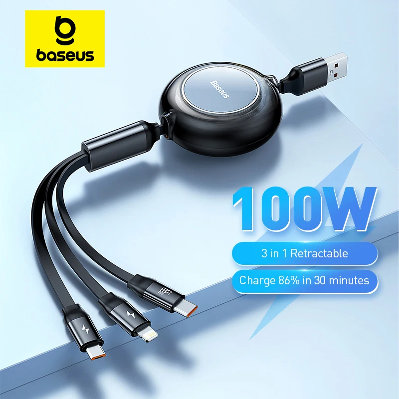 Baseus 3 인 1 개폐식 USB 충전 케이블, 100W/66W, 맥북 삼성 샤오미 USB C타입 충전 케이블, 아이폰 14 용