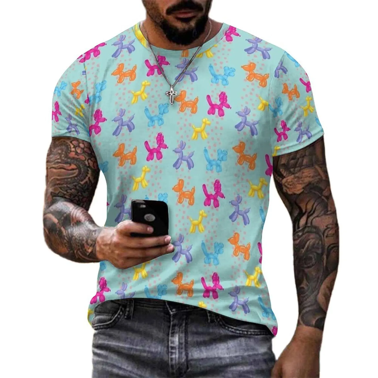 Plus Size T-Shirt Original Rainbow Balloon Dog Dots Print T Shirts  Classic O Neck Tshirt Couple Retro Custom Clothing