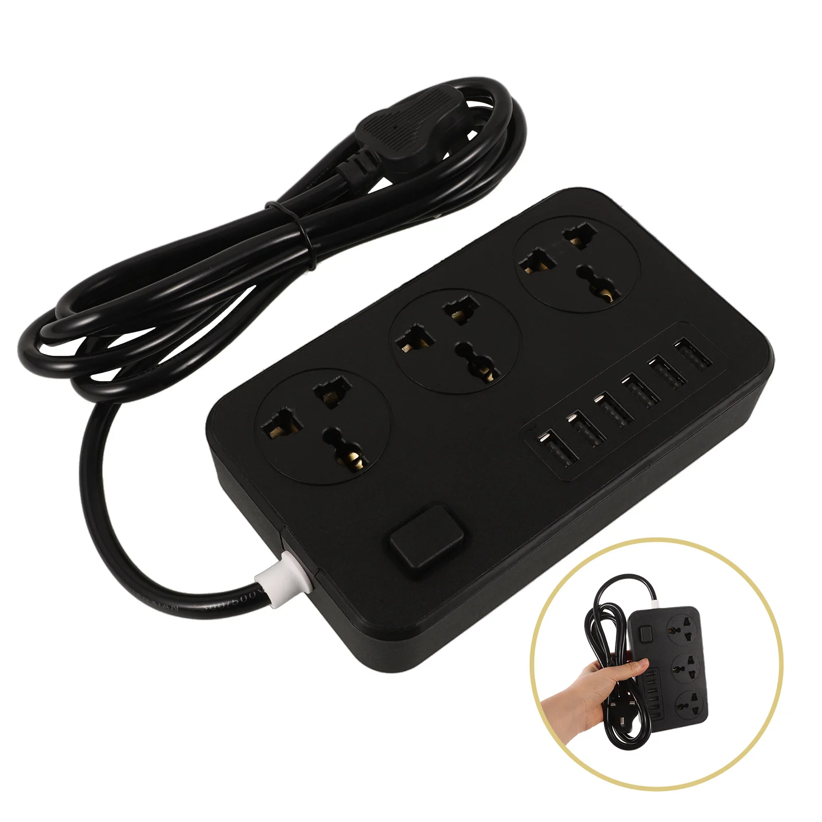 

USB Power Strip 6 Ports Black Extension Cord Multiple Outlets Compact Flat Design Modern Durable PP Material Safe for Desk