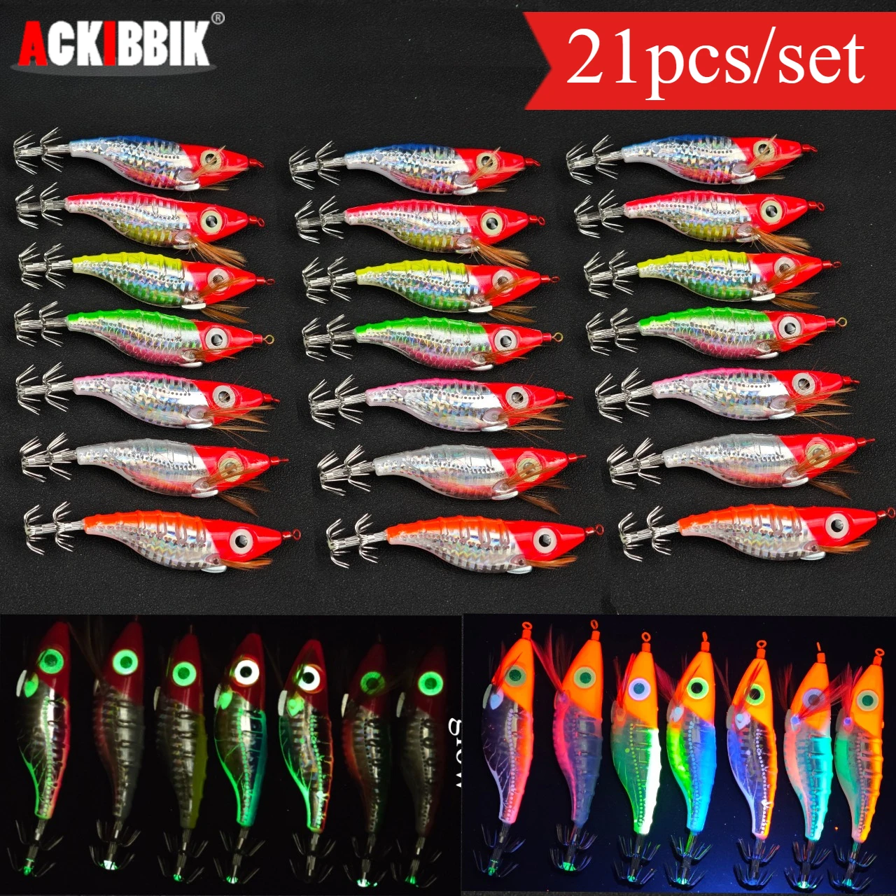 21-teiliges Set Horizontal Egi Set 10cm Tintenfisch-Jig UV-Garnelen-Oktopus-Köder Simulations-Garnelen-Angelköder Seesepia-Köder